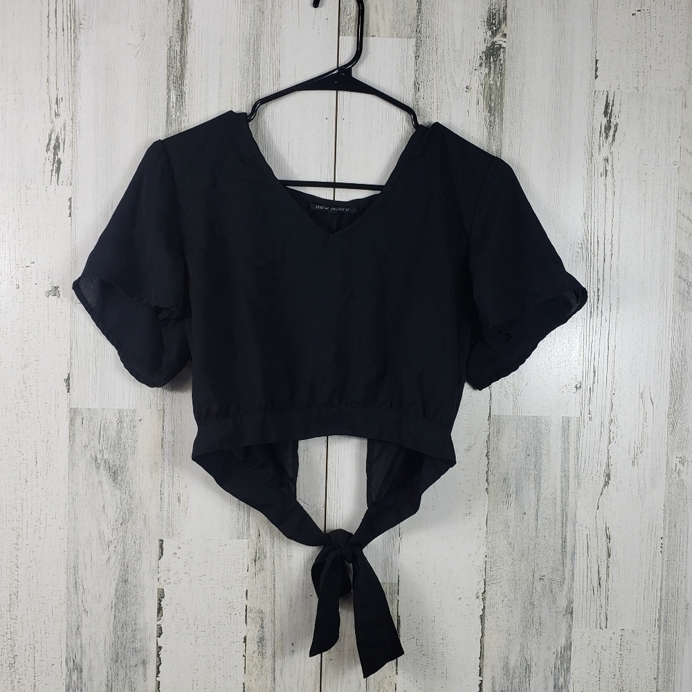 new glory sheer black open back crop top women's size medium